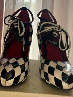 Funtasma Black & White Checkered Lace-Up Platform Heels with Red Lining